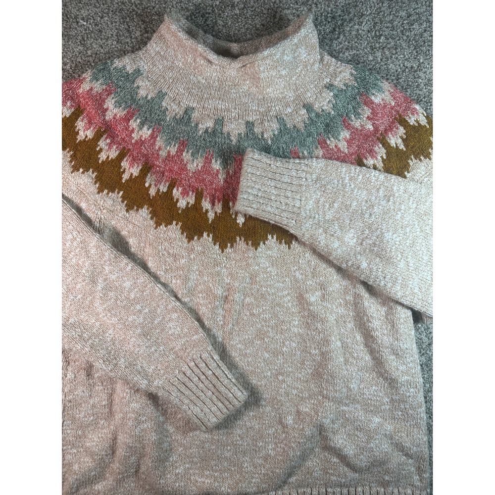 LL Bean Fair Isle Cotton Sweater Womens XL Pink Tan Mock Neck Knit 510902